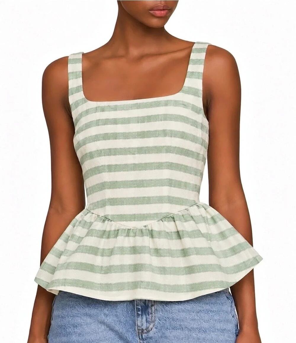 Avec Les Filles Green White Striped Sleeveless Peplum Tank Top Small NWOT